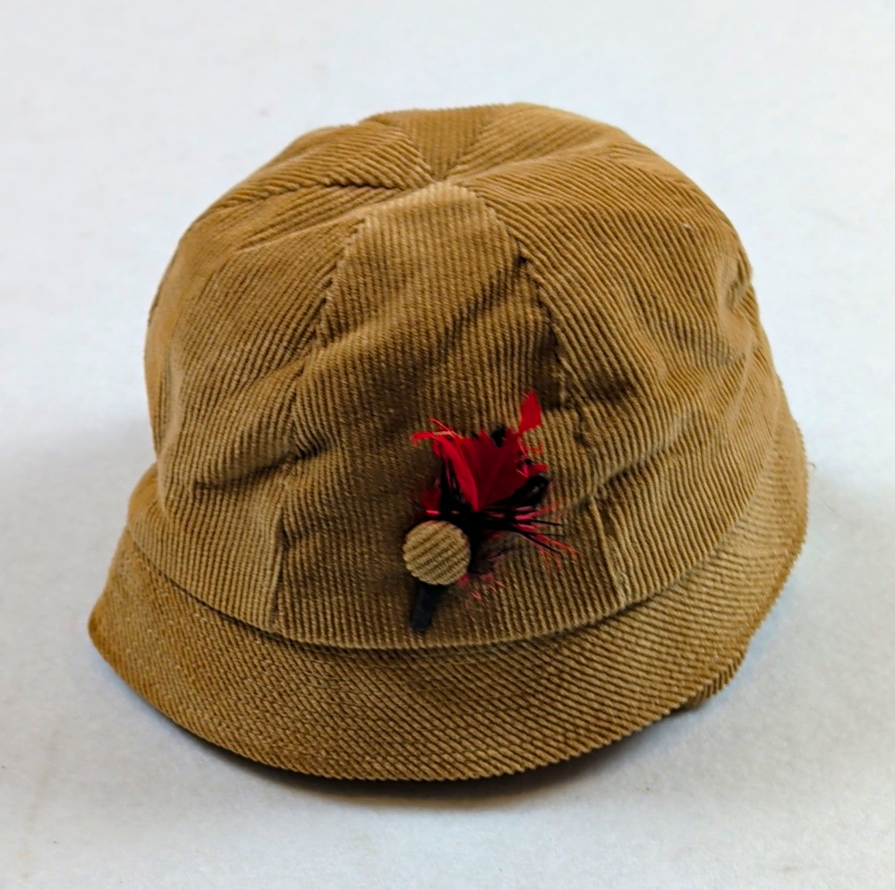 child's Brown Corduroy Cloche Hat w/ Feather Accent Lined